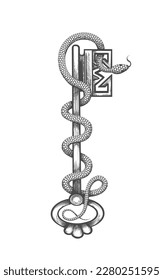 Tattoo of Ancient Esoteric Symbols of Key and Snake Drawn in Engraving Style isolated on white. Vector illustration.