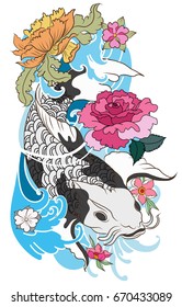 Tattoo for Arm and body paint. Colorful Koi carp with Water splash,lotus,Sakura blossom and peony flower.Japanese tattoo style and illustration for coloring book.isolate on white background.