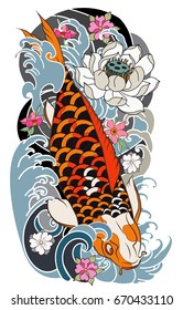 Tattoo for Arm and body paint. Colorful Koi carp with Water splash,lotus,Sakura blossom and peony flower.Japanese tattoo style and illustration for coloring book.isolate on white background.