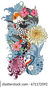 Tattoo for Arm and body paint. Colorful Koi carp with Water splash,lotus,Sakura and peony flower.Japanese tattoo and illustration for coloring book.hand drawn koi fish with flower tattoo