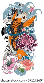 Tattoo for Arm and body paint. Colorful Koi carp with Water splash,lotus,Sakura and peony flower.Japanese tattoo and illustration for coloring book.