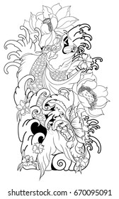 Tattoo for Arm and body paint. Koi carp with Water splash,lotus,Sakura and peony flower.Japanese tattoo style and illustration for coloring book.isolate on white background.