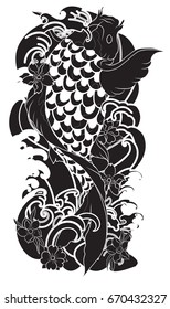 Tattoo for arm,Black and white Koi fish vector,Hand drawn Japanese Tattoo design,Japanese carp line drawing coloring book vector image