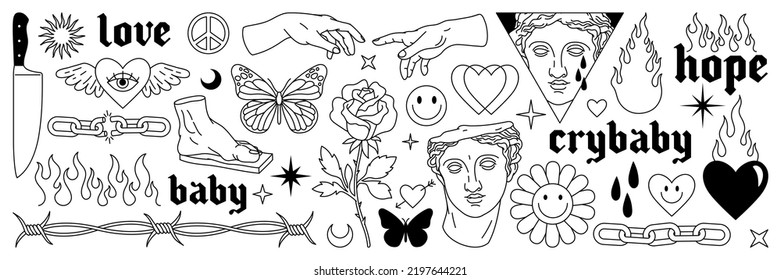 Arte tatuaje de los años 90 y 2000. Pegatinas Y2k. Mariposa, alambre de púas, fuego, llama, cadena, corazón y otros elementos de estilo psicodélico a la moda. Impresión de tatuajes dibujados a mano por vectores. Colores en blanco y negro.