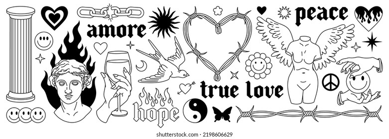 Tattoo art 1990s, 2000s. Y2k stickers. Butterfly, barbed wire, fire, flame, chain, heart and other elements in trendy psychedelic style. Vector hand drawn tattoo print. Black and white colors.