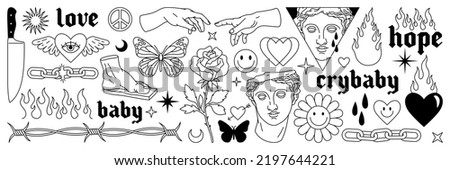 Tattoo art 1990s, 2000s. Y2k stickers. Butterfly, barbed wire, fire, flame, chain, heart and other elements in trendy psychedelic style. Vector hand drawn tattoo print. Black and white colors.