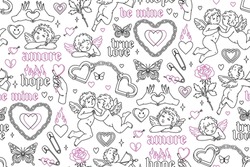 Tattoo Art 1990s-2000s Seamless Pattern. Love Concept. Happy Valentines Day. Heart, Angel, Cupid, Butterfly, Rose In Trendy Retro Style. Vector Hand Drawn Tattoo Background. Black, Pink, White Colors.