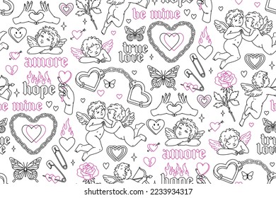 Tattoo art 1990s-2000s seamless pattern. Love concept. Happy valentines day. Heart, angel, cupid, butterfly, rose in trendy retro style. Vector hand drawn tattoo background. Black, pink, white colors. svg