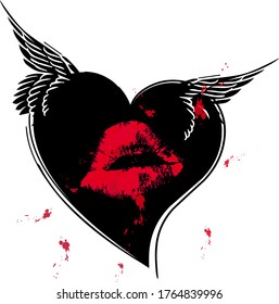 Tattoo Art. Black Heart With Wings, Red Lips Print, Blood Splatter. Femme Fatale. Vector Illustration