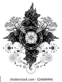 Tattoo art. Compass, crossed arrows, roses, evergreen tree. T-shirt design. Travel, adventure, outdoors boho symbols 