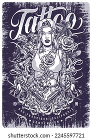 Tattoo art convention monochrome poster girl artist with devices for tattooing near snakes and skulls or flowers vector illustration