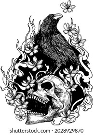 tattoo art crow skull hand drawing sketch
