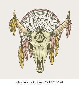 Tattoo Art Design Animal Skull With Dreamcatcher Vector Illustration