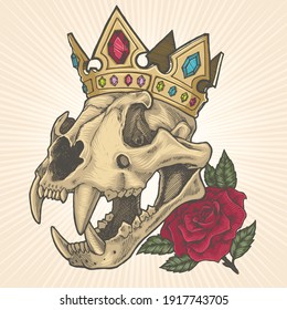 tattoo art design animal skull with crown vector hand drawing illustration