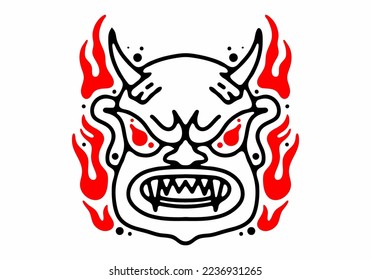 Tattoo art design of monster face with horn and fire flame