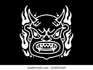 Tattoo art design of monster face with horn and fire flame
