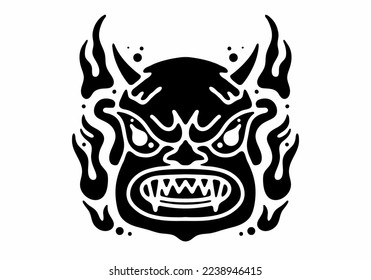 Tattoo art design of monster face with horn and fire flame