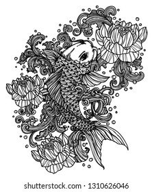 Tattoo art fish hand drawing and sketch black and white with line art illustration isolated on white background.