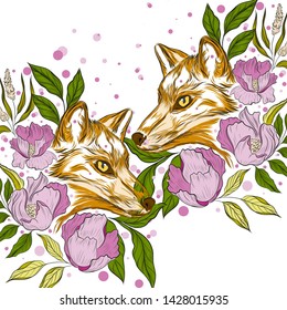 tattoo art of fox and flowers drawn in the style of sketch