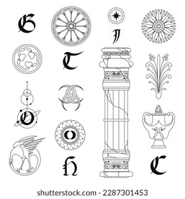 Tattoo Art Gothic Symbols Stickers Y2k. Column, stained glass, sculpture, vase, gothic letters and other elements in a trendy psychedelic style. Vector hand-drawn tattoo print. Black and white colors.