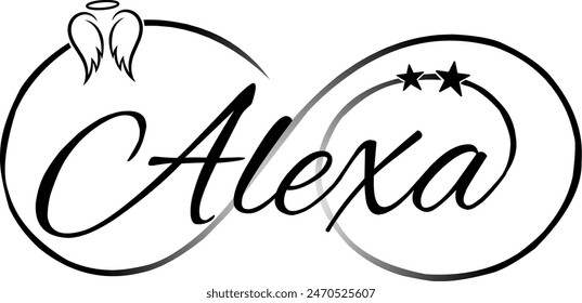 tattoo art graphic vector design illustration, Alexa name tattoo with infinity lines and icons of small wings and stars suitable for use as body decoration