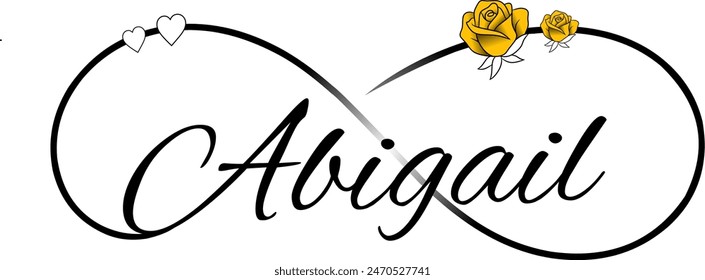 tattoo art graphic vector design illustration, Abigail name tattoo with infinity lines and small love icon and yellow rose flower, which symbolizes love suitable for use as body decoration