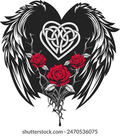 tattoo art graphic vector design illustration, family tattoo depicting a mother and 2 children, along with wings and a bouquet of roses, suitable for use as body decoration