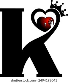 tattoo art graphic vector illustration.. the letter K contains a picture of hands embracing a heart and a crown, suitable for use as a tattoo for lovers
