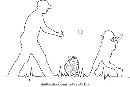 tattoo art graphic vector illustration, line art tattoo father and son playing softball 