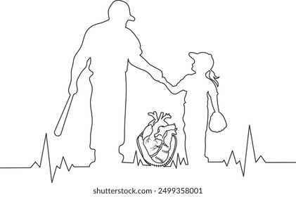 tattoo art graphic vector illustration, line art tattoo father and daughter wearing softball jerseys walking towards the field 