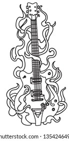 Tattoo art guitar hand drawing and sketch black and white with line art illustration isolated on white background.