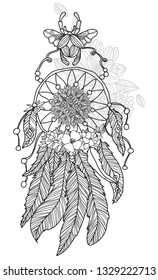 Tattoo art hand drawing dreamcatcher black and white with line art illustration isolated on white background.