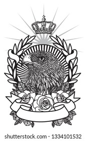Tattoo art hand drawing Eagle black and white with line art illustration isolated on white background.

