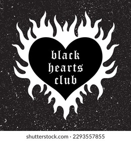 Tattoo art heart on fire on a black grunge background with worn texture. Stylish gothic poster in y2k style with lettering Black hearts club