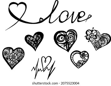 Tattoo art. Magic   Collection of vector calligraphic love hearts. Isolated on white background. Valentine's day and wedding hand drawn illustrations. Grunge hand drawn text and elements sketches. .
