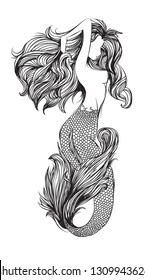 Tattoo art mermaid hand drawing and sketch black and white with line art illustration isolated on white background.