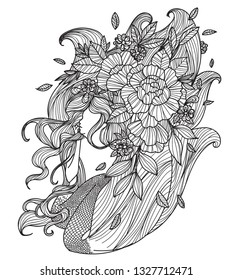Tattoo art mermaid hand drawing and sketch black and white with line art illustration isolated on white background.