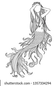 Tattoo art mermaid hand drawing and sketch black and white with line art illustration isolated on white background.
