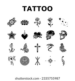 tattoo art rose vintage style icons set vector. flower retro, drawing ink, old traditional, american anchor, skull woman tattoo art rose vintage style glyph pictogram Illustrations