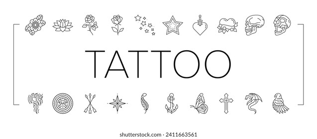tattoo art rose vintage style icons set vector. flower retro, drawing ink, old traditional, american anchor, skull woman tattoo art rose vintage style black line illustrations