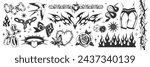 Tattoo art signs of 2000s style. Y2k aesthetic set. Vintage symbols, fluid goth chain, heart, rose, flame, bow, bird, balloon dog, butterfly, dice, blackthorn, snake. Vector tattoo line stickers.