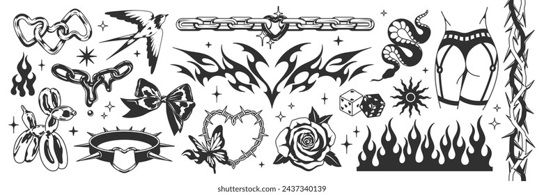 Tattoo art signs of 2000s style. Y2k aesthetic set. Vintage symbols, fluid goth chain, heart, rose, flame, bow, bird, balloon dog, butterfly, dice, blackthorn, snake. Vector tattoo line stickers.