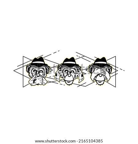 Tattoo art sketch monkey, ears closed, eyes closed, closed mouth black and white premium vector