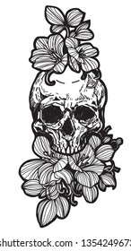 Tattoo art skull and flower hand drawing and sketch black and white with line art illustration isolated on white background.