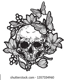 Tattoo art skull and flower hand drawing and sketch black and white with line art illustration isolated on white background.