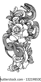 Tattoo art Snake hand drawing and sketch black and white with line art illustration isolated on white background.