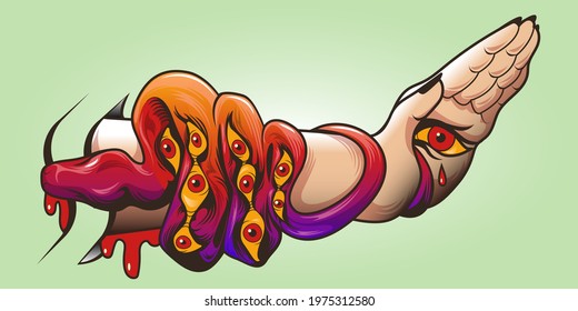 Tattoo art with snake with pattern of eyes on skin and woman hand. Vector abstract flat illustration with serpent, occult ornament. Concept of Bible Temptation by Serpent