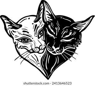 Tattoo art style illustration. Couple of cats in love sitting together shaped like a heart