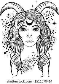 Tattoo art style illustration with girl with horns. Mystical creature faun.