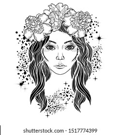 Tattoo art style illustration with girl in floral wreath. Coloring book page.